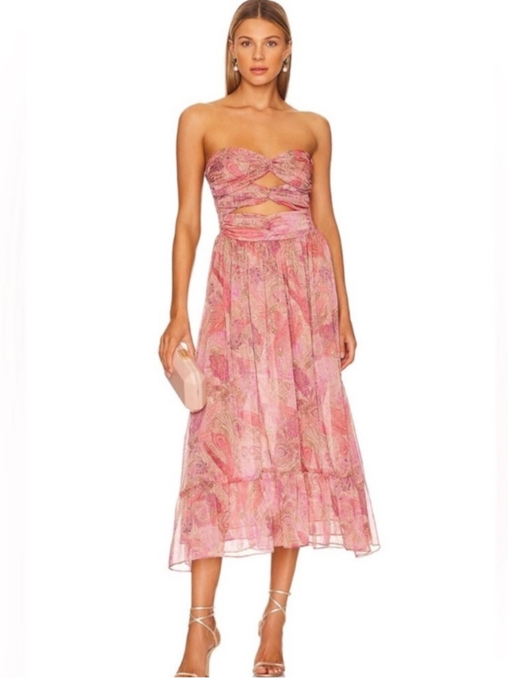 MISA Los Angeles Strapless Muted Pink Paisley Cutout Midi Dress
